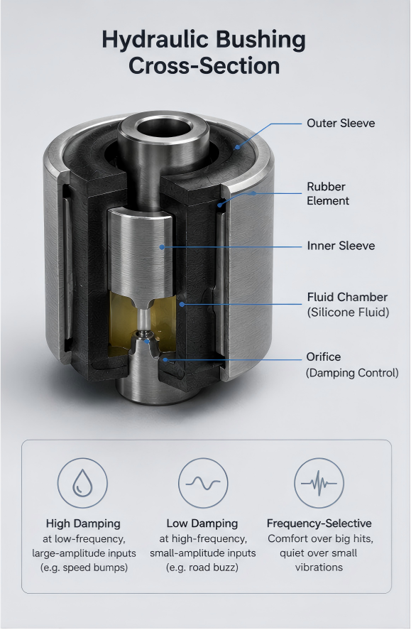 Hydraulic Bushing Cross-Section & Frequency-Damping Curve